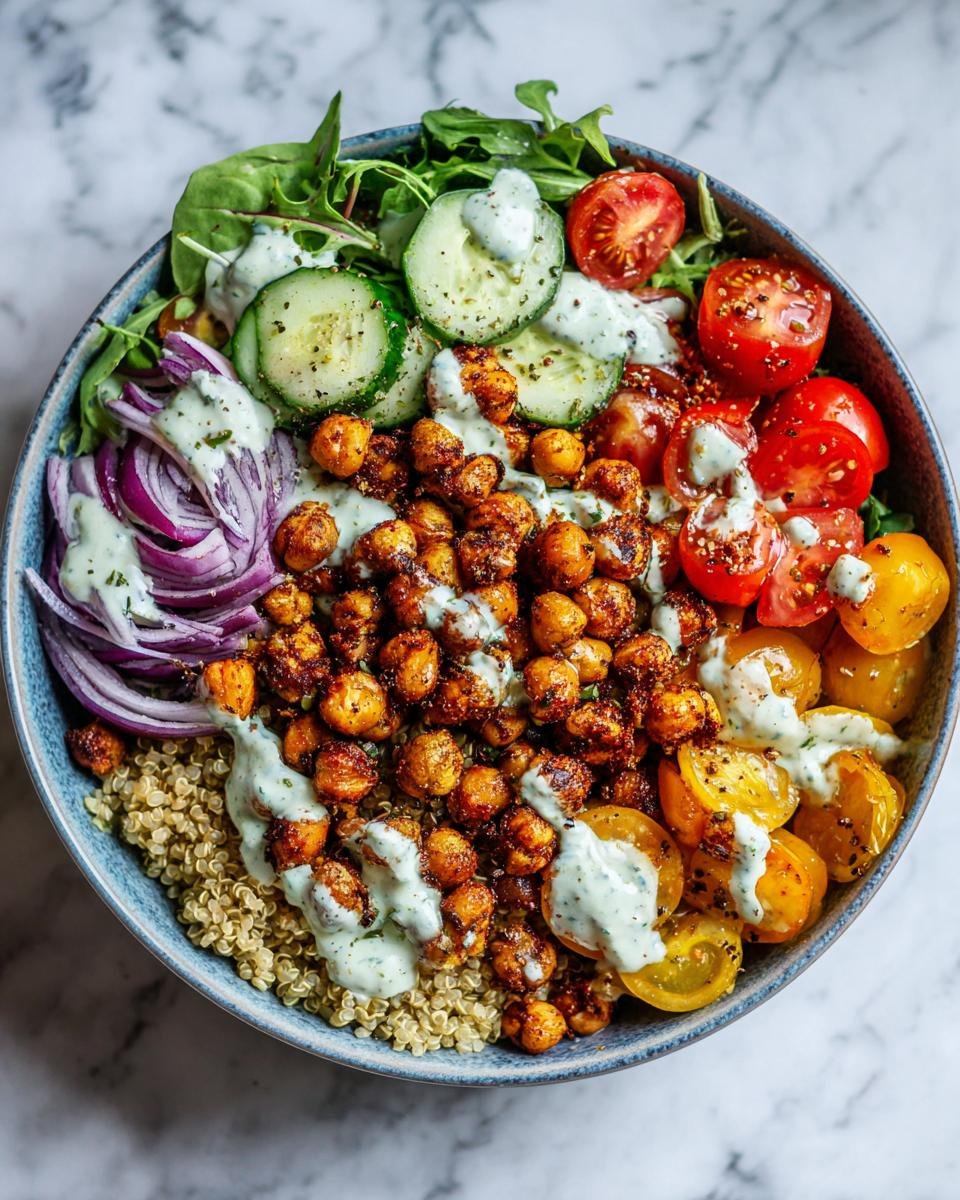 Overhead view of a Savory Chickpea Quinoa Buddha Bowl with seasoned chickpeas, quinoa, tomatoes, cucumber, and creamy dressing.
