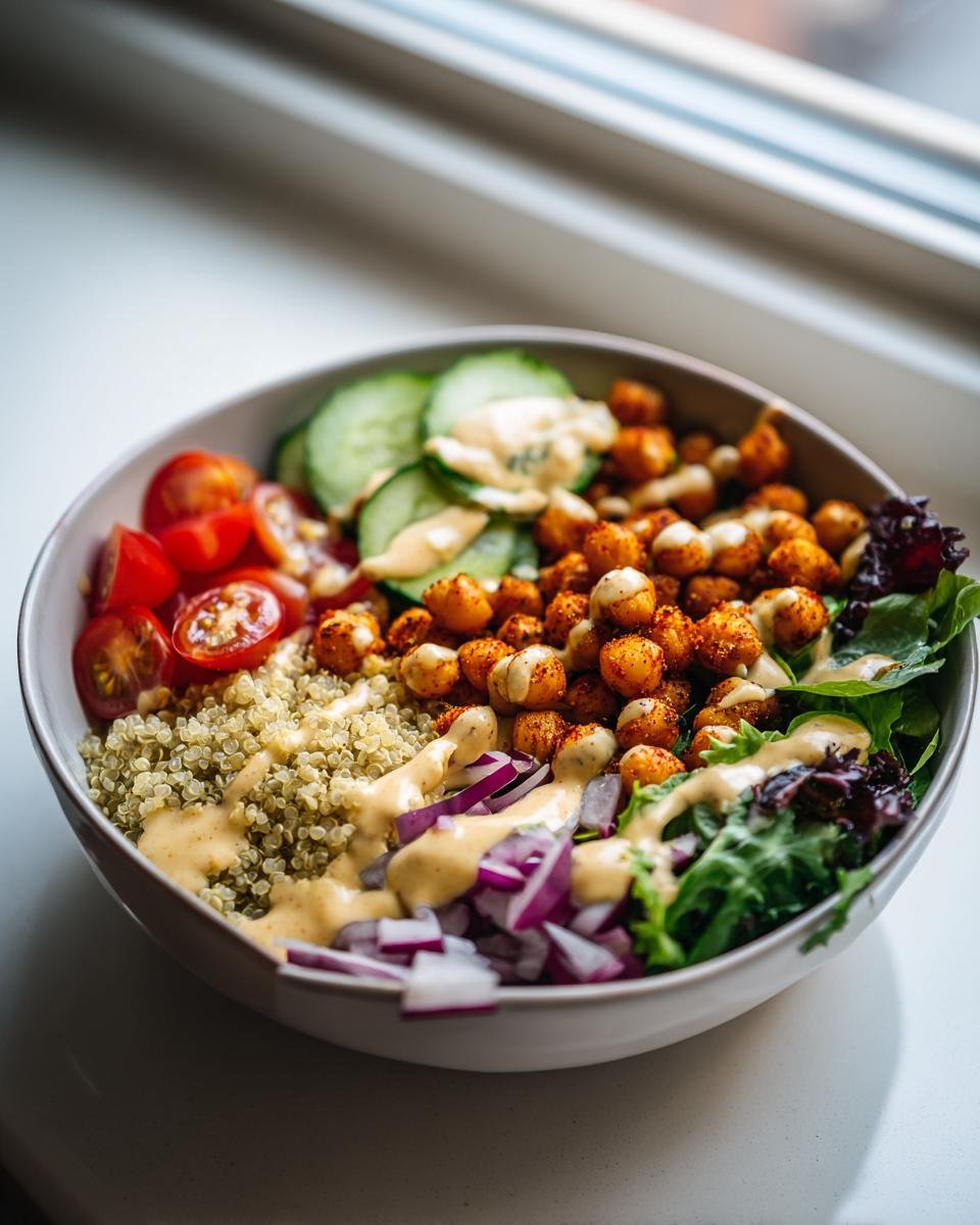 A vibrant Savory Chickpea Quinoa Buddha Bowl featuring seasoned chickpeas, quinoa, tomatoes, cucumber, red onion, and a creamy dressing.