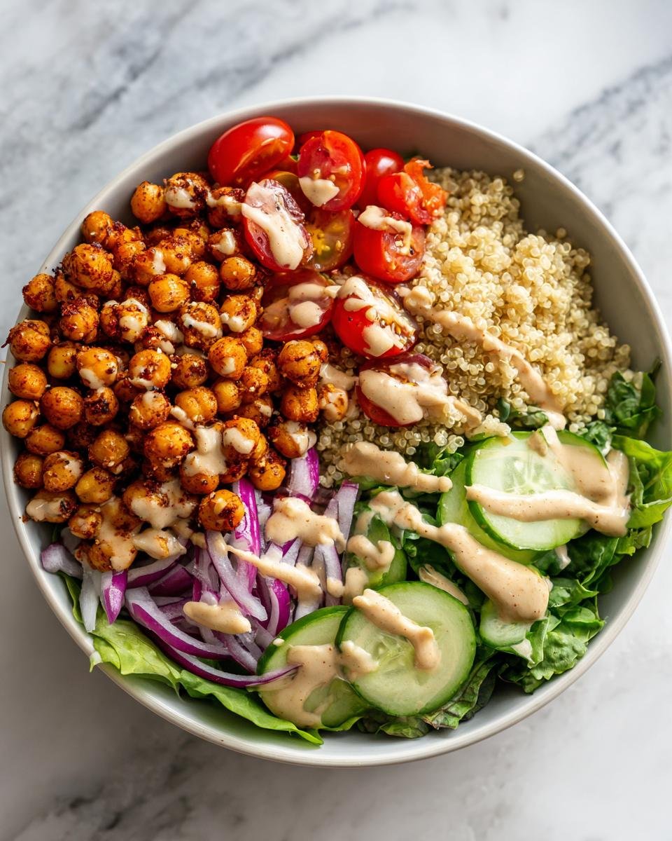 Overhead view of a Savory Chickpea Quinoa Buddha Bowl featuring seasoned chickpeas, quinoa, tomatoes, cucumbers, and red onion.