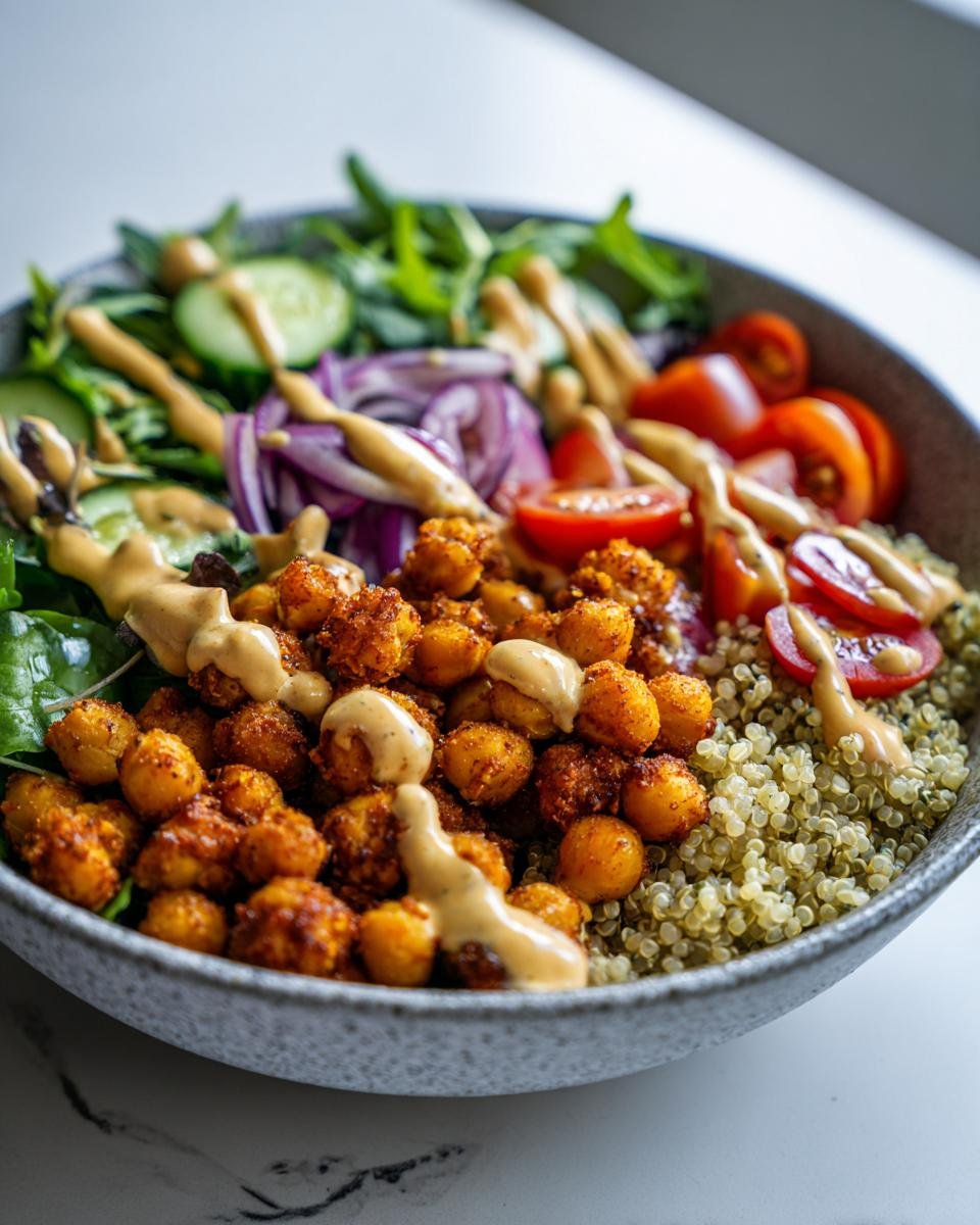 A close-up of a Savory Chickpea Quinoa Buddha Bowl featuring spiced chickpeas, quinoa, greens, tomatoes, onions, and a creamy drizzle.