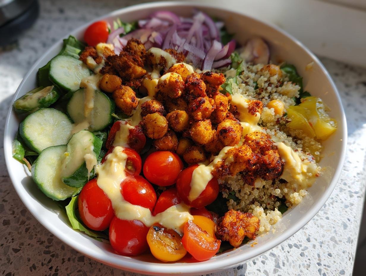 A vibrant Savory Chickpea Quinoa Buddha Bowl featuring spiced chickpeas, quinoa, cherry tomatoes, cucumbers, and creamy dressing.