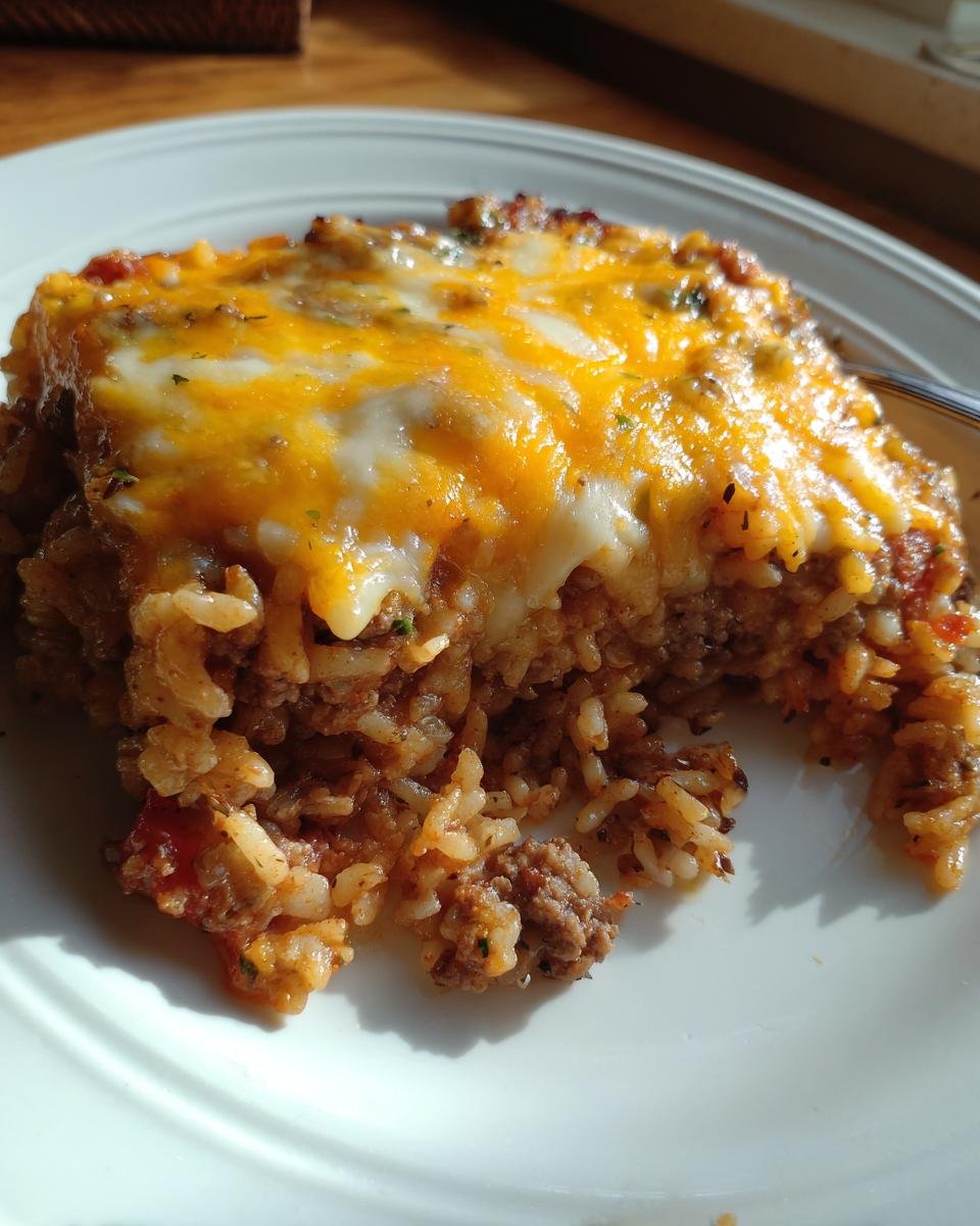 A close-up serving of Savory French Onion Beef Rice Casserole topped with melted cheddar and white cheese.