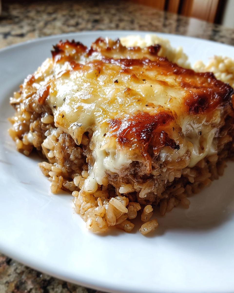 A close-up of a serving of Savory French Onion Beef Rice Casserole Recipe Delight topped with melted, browned cheese.