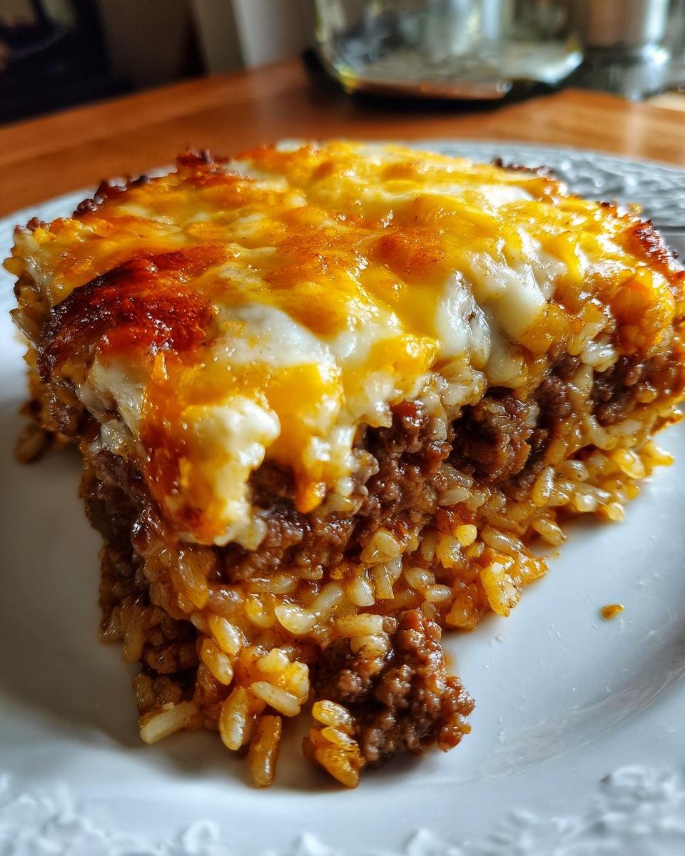 A close-up of a hearty serving of Savory French Onion Beef Rice Casserole topped with melted, browned cheese.