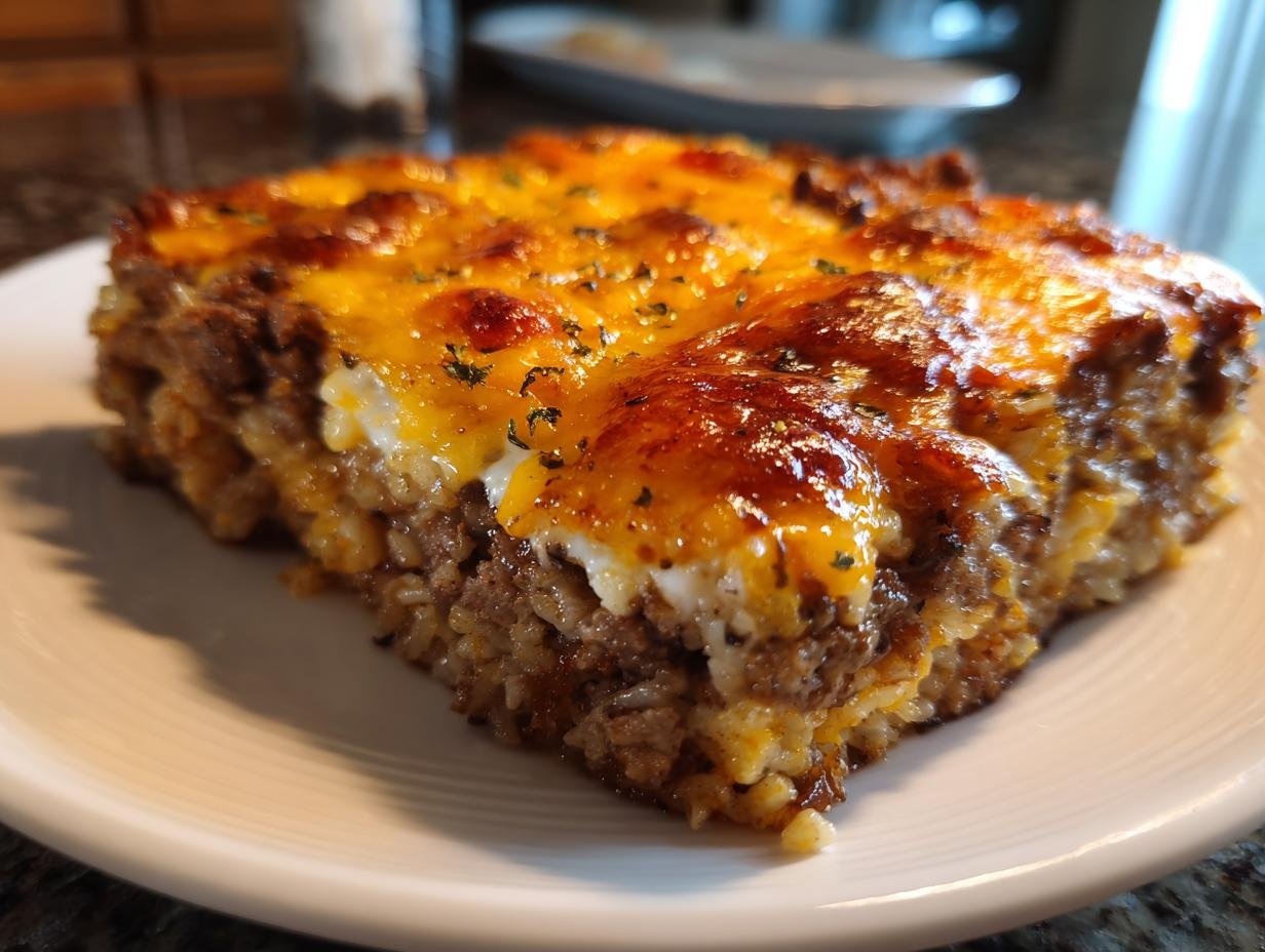 A close-up of a square slice of Savory French Onion Beef Rice Casserole Recipe Delight with melted, browned cheese topping.
