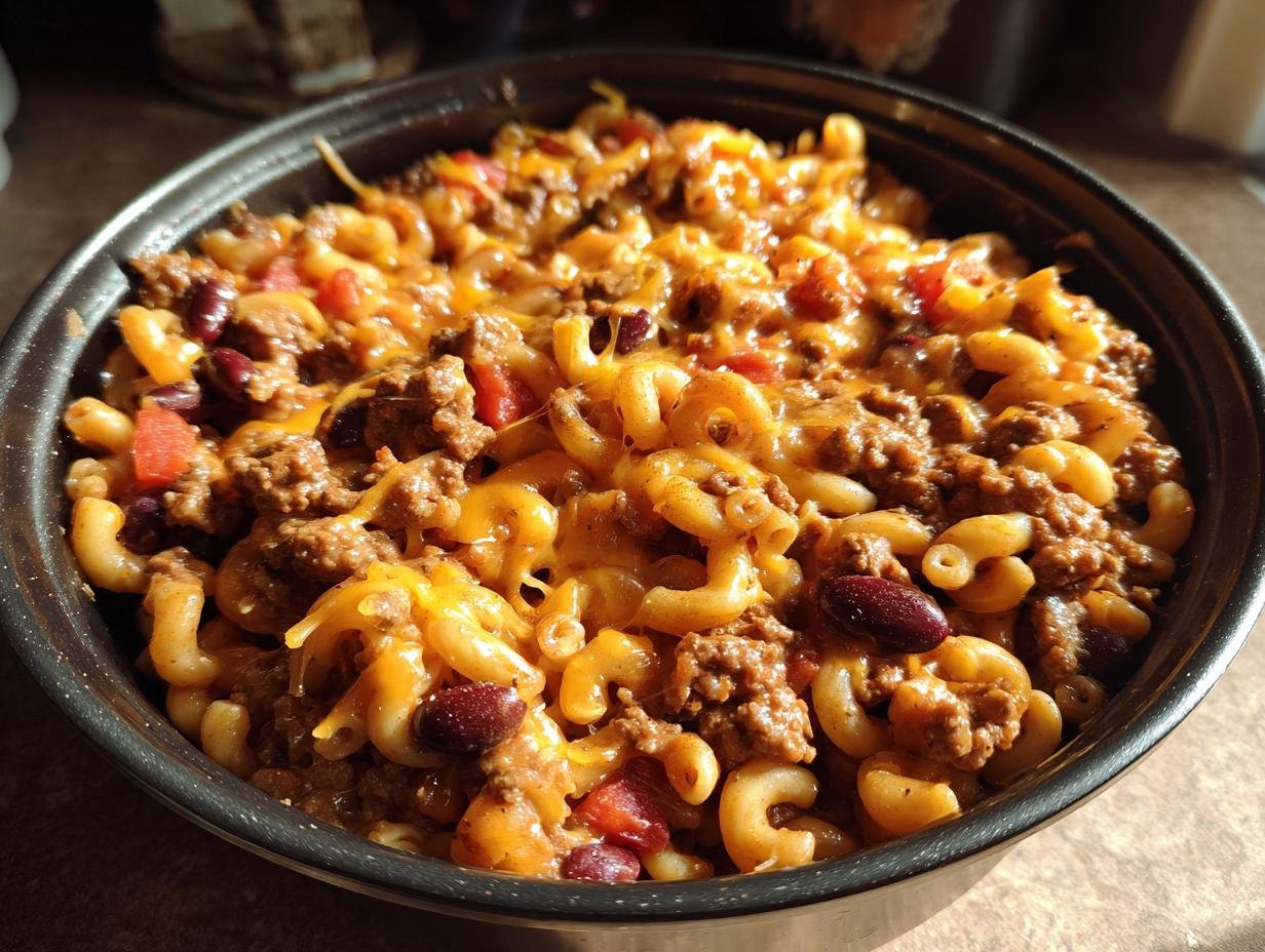 Close-up of a bowl filled with Savory Hobo Casserole Ground Beef, featuring macaroni, ground beef, kidney beans, and melted cheddar cheese.