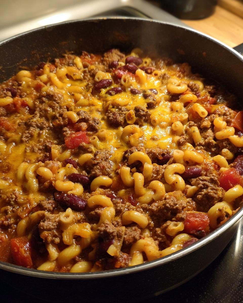 Close-up of Savory Hobo Casserole Ground Beef with elbow macaroni, kidney beans, and melted cheese in a dark skillet.