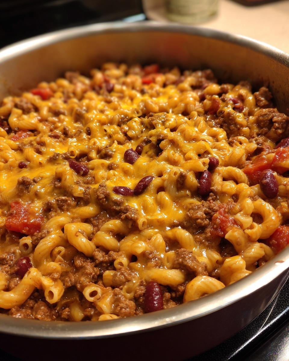 Close-up of Savory Hobo Casserole Ground Beef with elbow macaroni, kidney beans, and melted cheddar cheese in a pot.