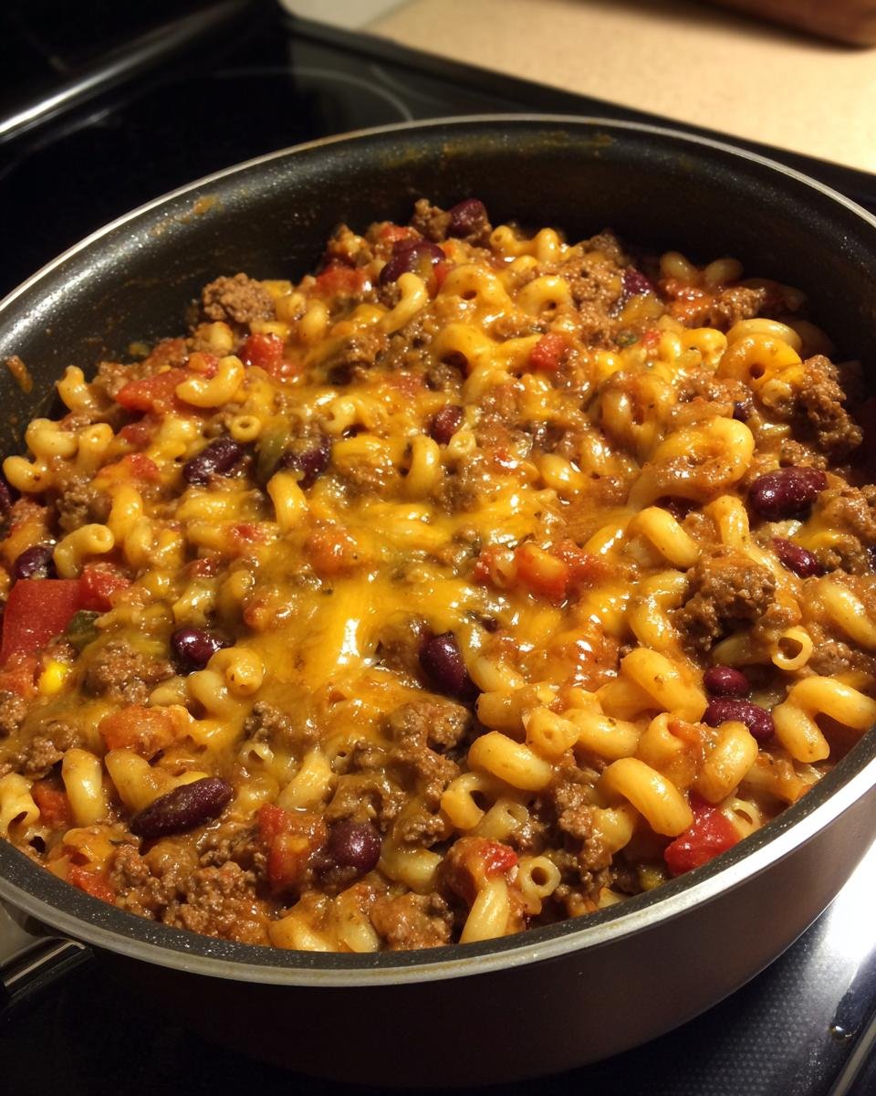Close-up of Savory Hobo Casserole Ground Beef with melted cheese, macaroni, and kidney beans in a dark skillet.