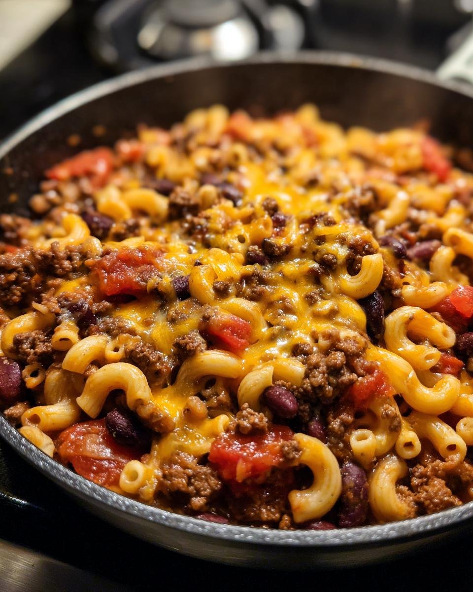 Close-up of Savory Hobo Casserole Ground Beef Easy One Pot Delight topped with melted cheddar cheese in a skillet.