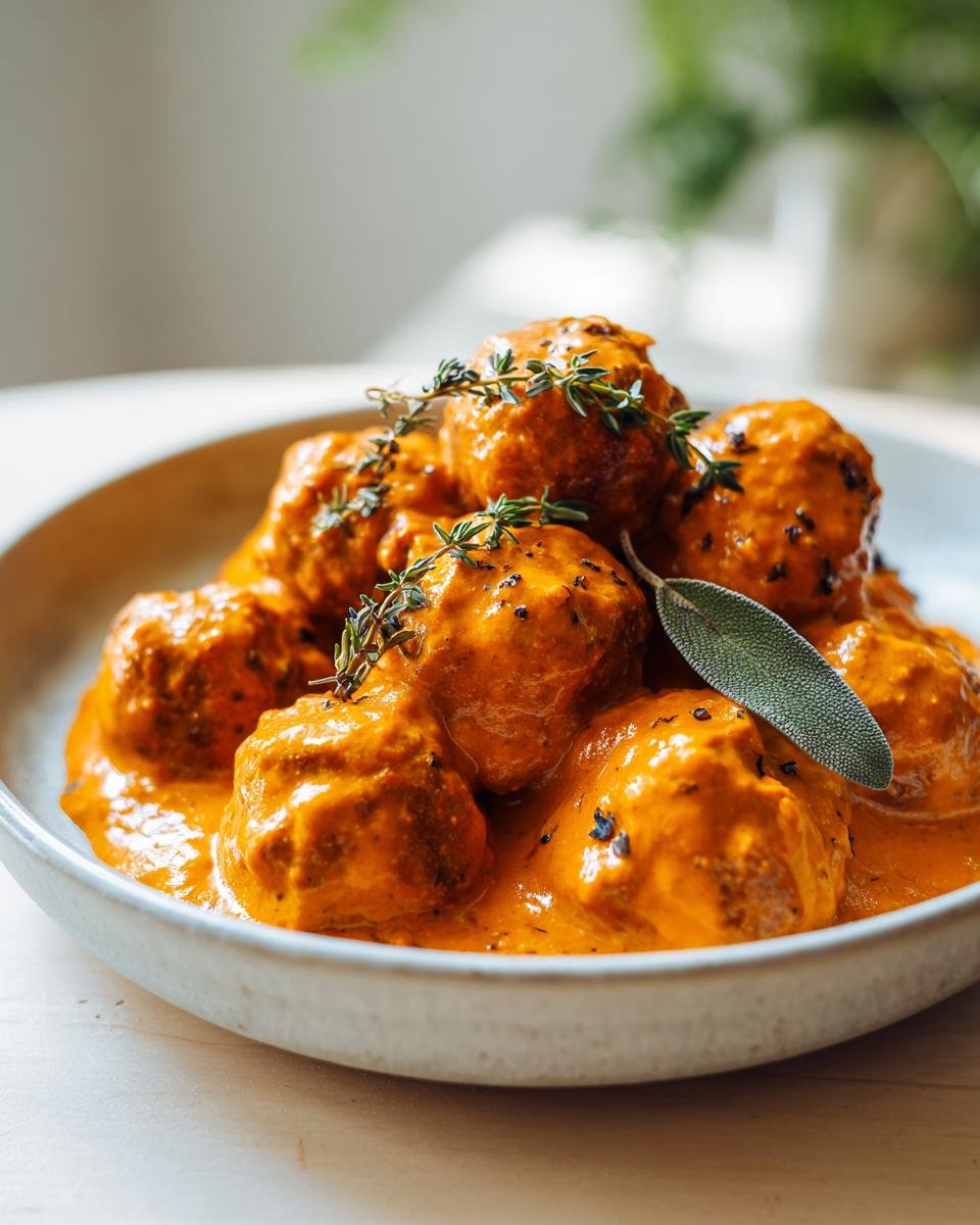 Close-up of Savory Turkey Meatballs In Pumpkin Sage Sauce, garnished with fresh thyme and a sage leaf.