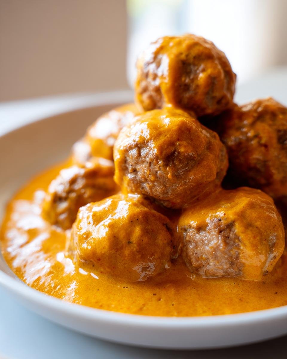 Close-up of Savory Turkey Meatballs In Pumpkin Sage Sauce Recipe 2 served in a white bowl.