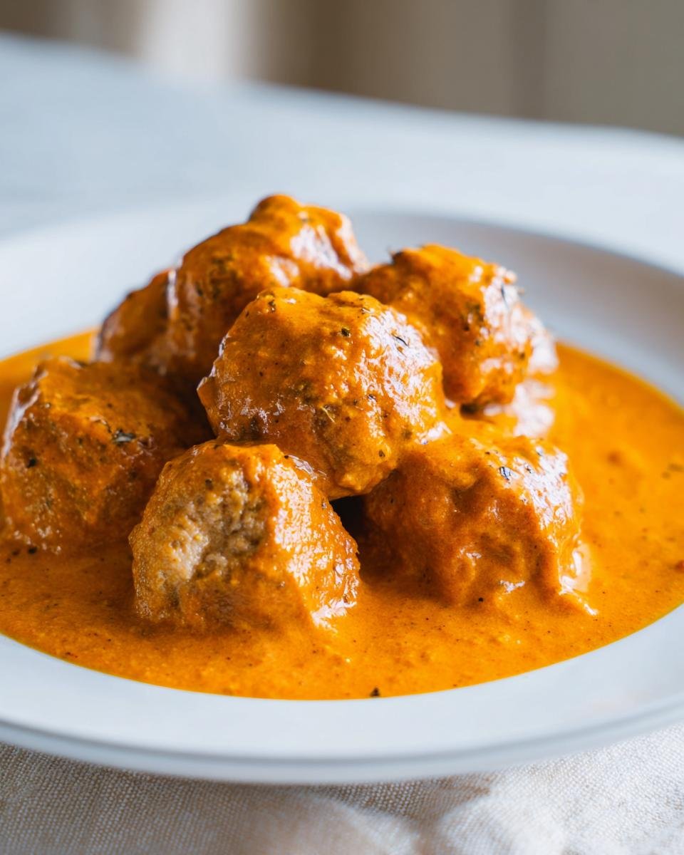 Close-up of several Savory Turkey Meatballs In Pumpkin Sage Sauce Recipe 2 served on a white plate.