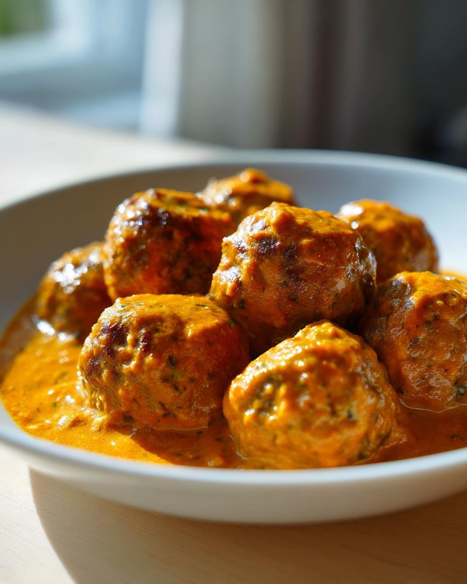 Close-up of several Savory Turkey Meatballs In Pumpkin Sage Sauce Recipe 2 served in a white bowl.