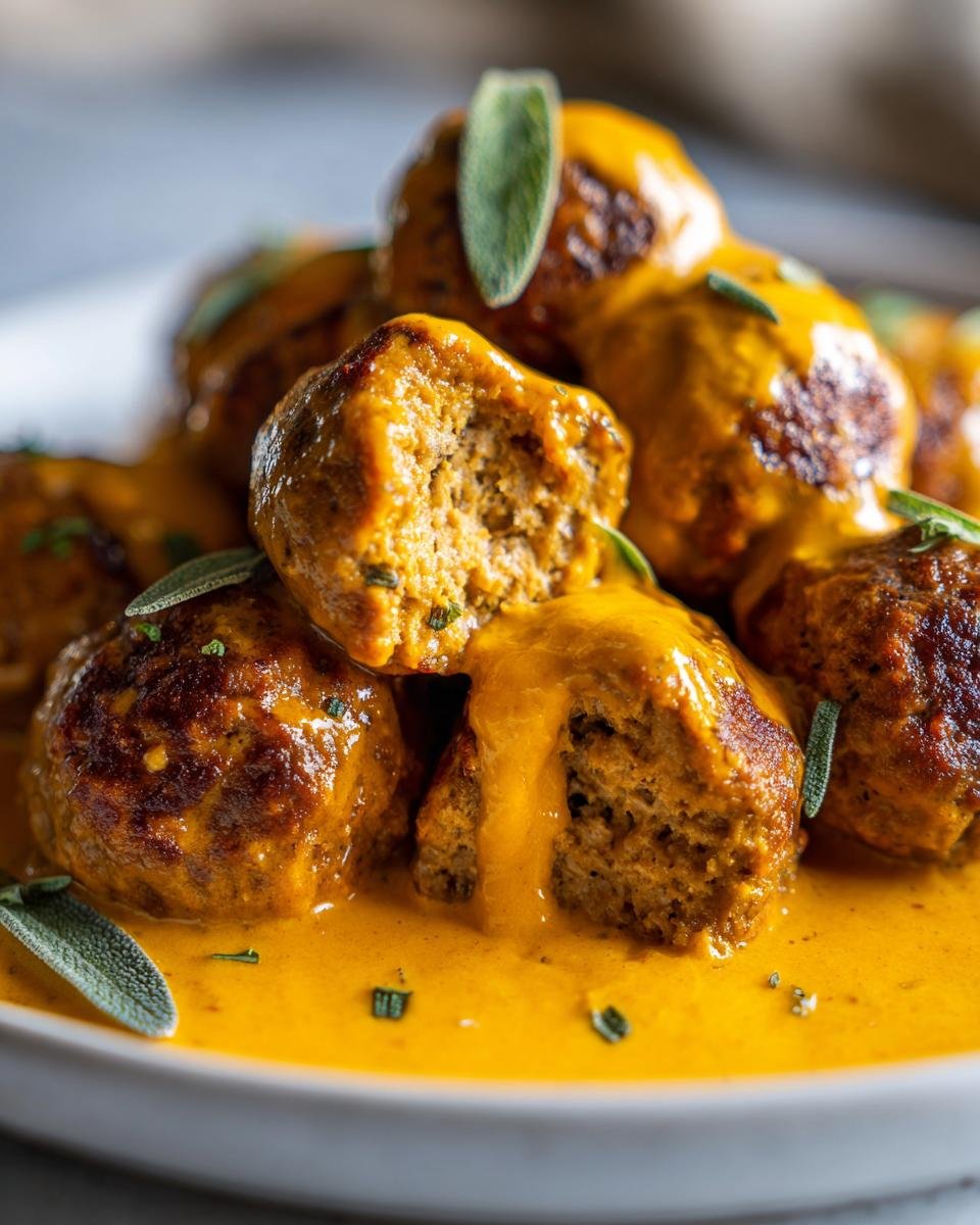 Close-up of Savory Turkey Meatballs In Pumpkin Sage Sauce, one meatball is broken open.