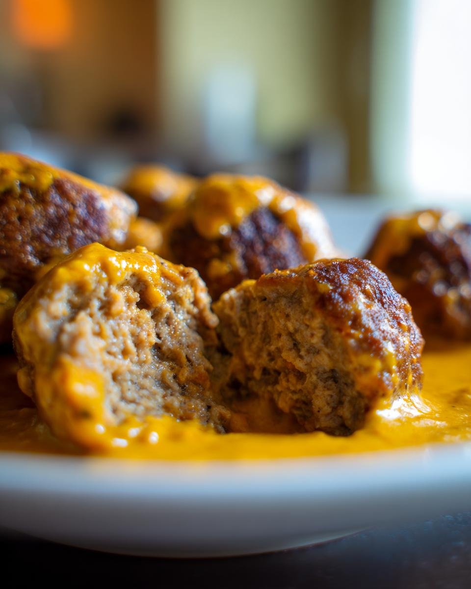 Close-up of Savory Turkey Meatballs In Pumpkin Sage Sauce Recipe, garnished with fresh sage leaves.