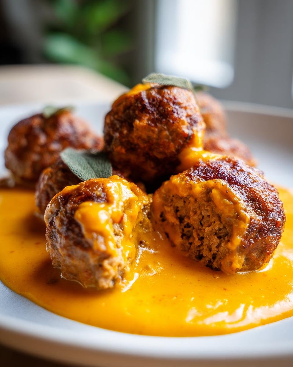 Close-up of a Savory Turkey Meatballs in Pumpkin Sage Sauce Recipe, one meatball is cut open.