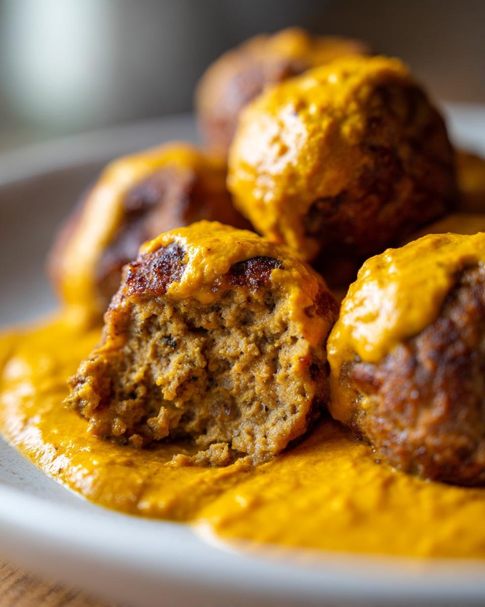 Close-up of a Savory Turkey Meatballs in Pumpkin Sage Sauce Recipe, one meatball is cut open.