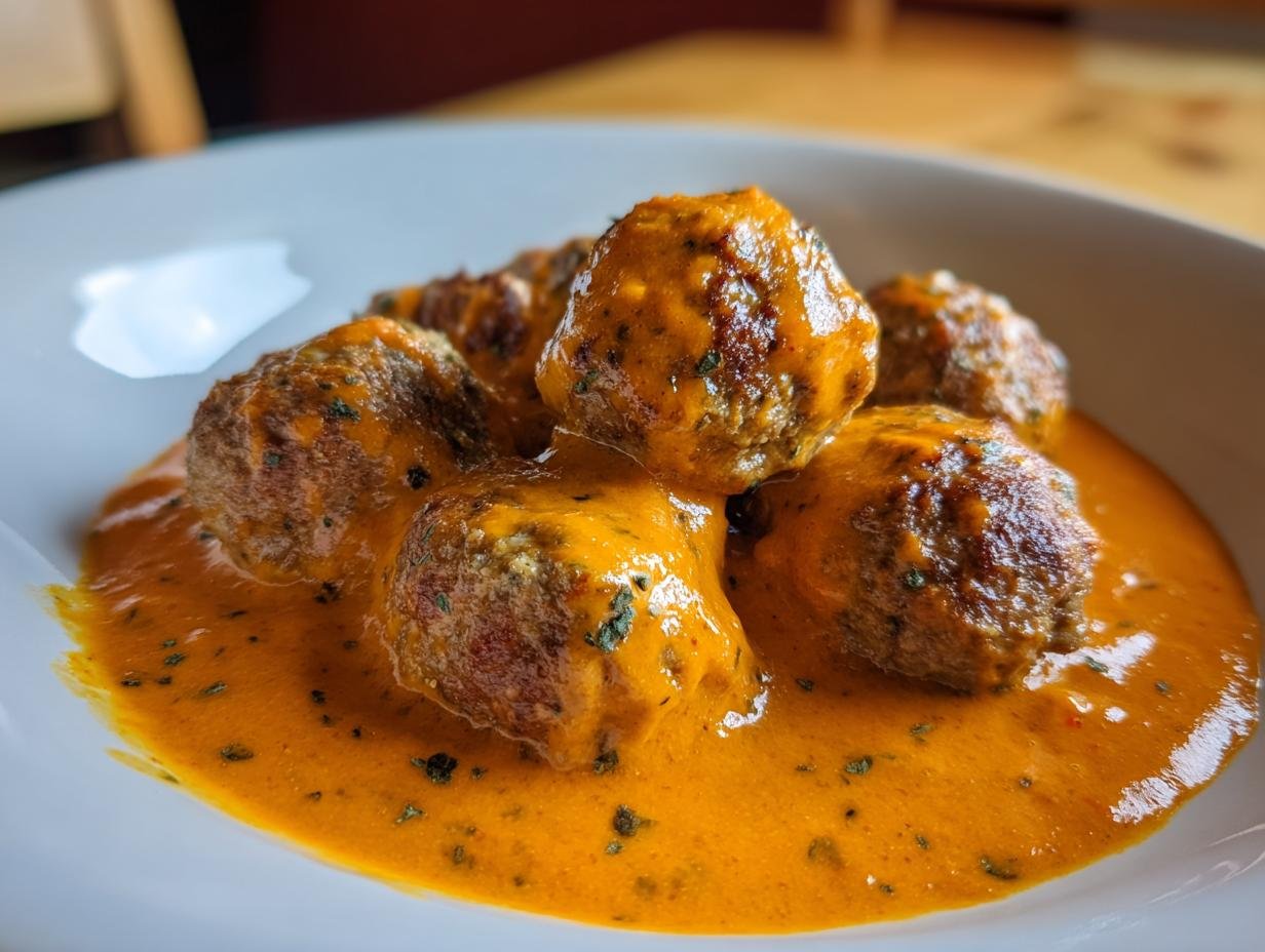 Close-up of several Savory Turkey Meatballs In Pumpkin Sage Sauce Recipe 2 served in a white bowl.