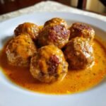 Close-up of six Savory Turkey Meatballs In Pumpkin Sage Sauce Recipe 2 served on a white plate.