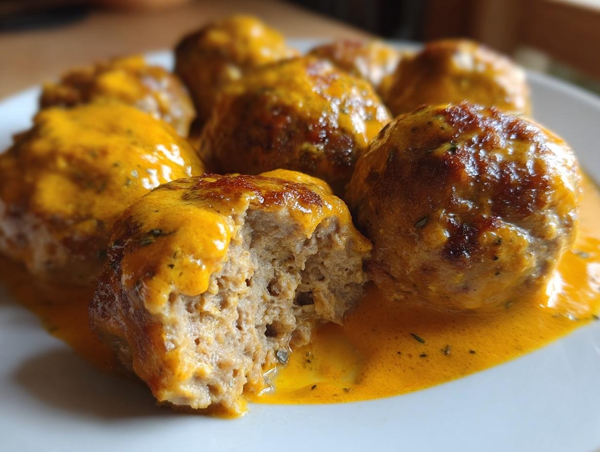Close-up of Savory Turkey Meatballs In Pumpkin Sage Sauce, one meatball cut open showing texture.