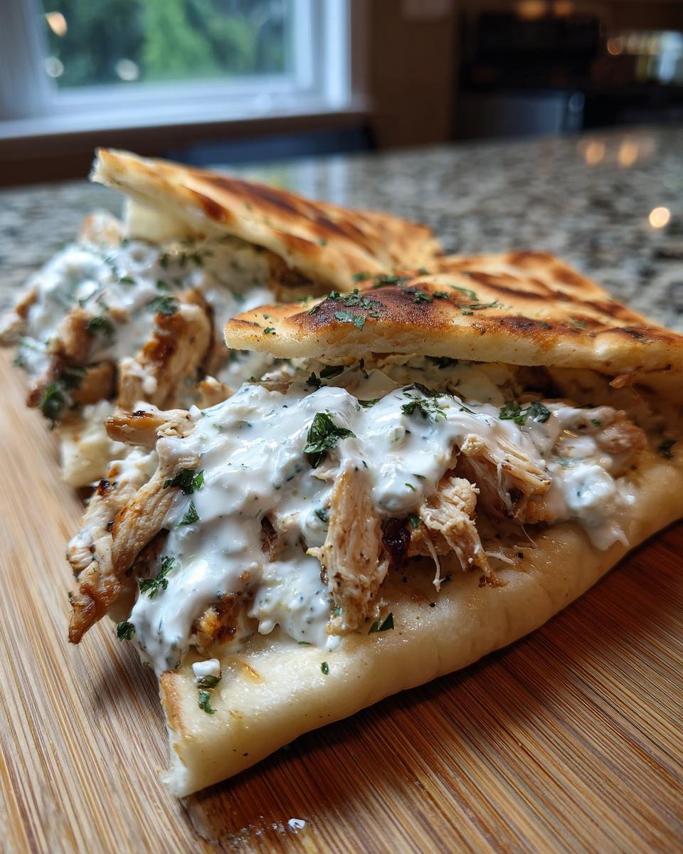 Close-up of Irresistible Sheet Pan Chicken Pitas stuffed with shredded chicken and creamy herby ranch sauce.