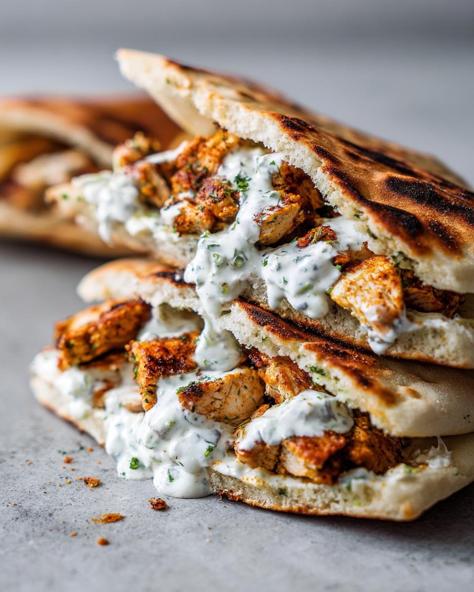 Close-up of Irresistible Sheet Pan Chicken Pitas stuffed with seasoned chicken and dripping with herby ranch sauce.