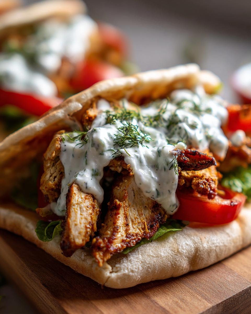 Close-up of an Irresistible Sheet Pan Chicken Pita stuffed with seasoned chicken, lettuce, tomato, and drizzled with herby ranch sauce.