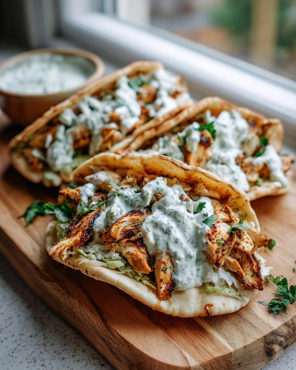 Close-up of Irresistible Sheet Pan Chicken Pitas stuffed with seasoned chicken, lettuce, and topped generously with herby ranch sauce.