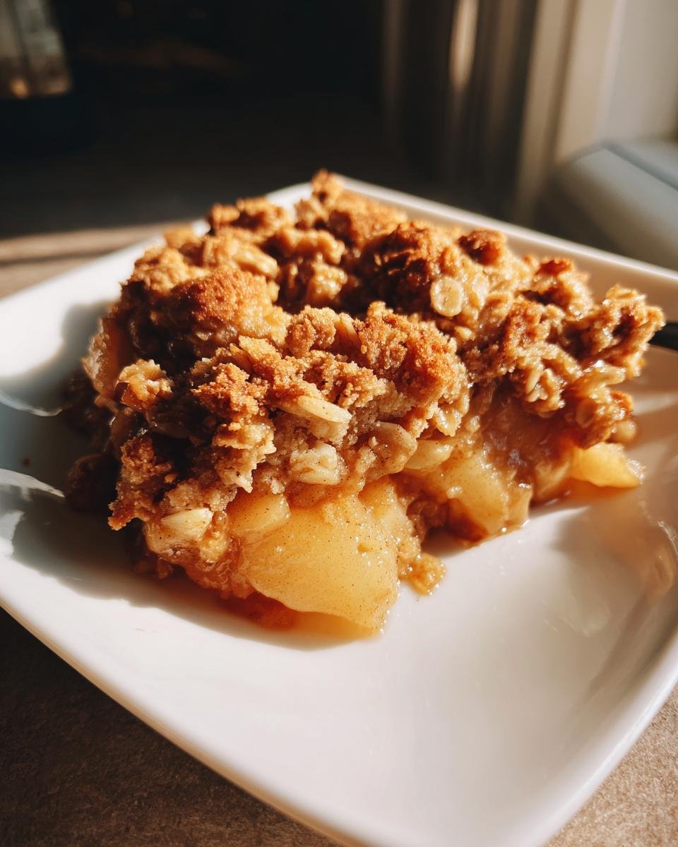 A close-up of a serving of Sheet Pan Maple Roasted Pear Crisp with a thick, crunchy oat topping over soft, caramelized pears.