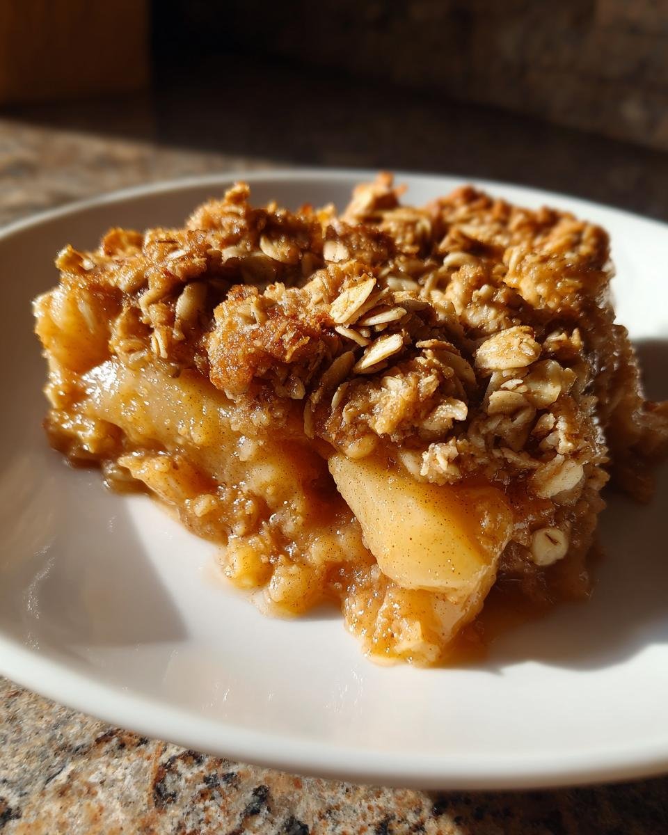 Close-up of a serving of Sheet Pan Maple Roasted Pear Crisp showing soft fruit filling and crunchy oat topping.