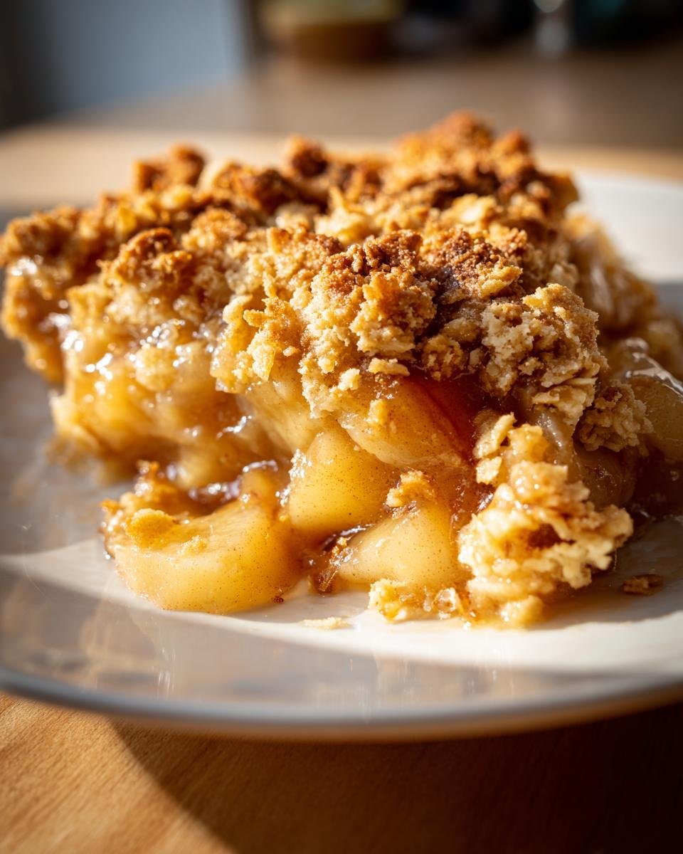 A close-up shot of a serving of Sheet Pan Maple Roasted Pear Crisp showing gooey fruit filling and a crunchy oat topping.