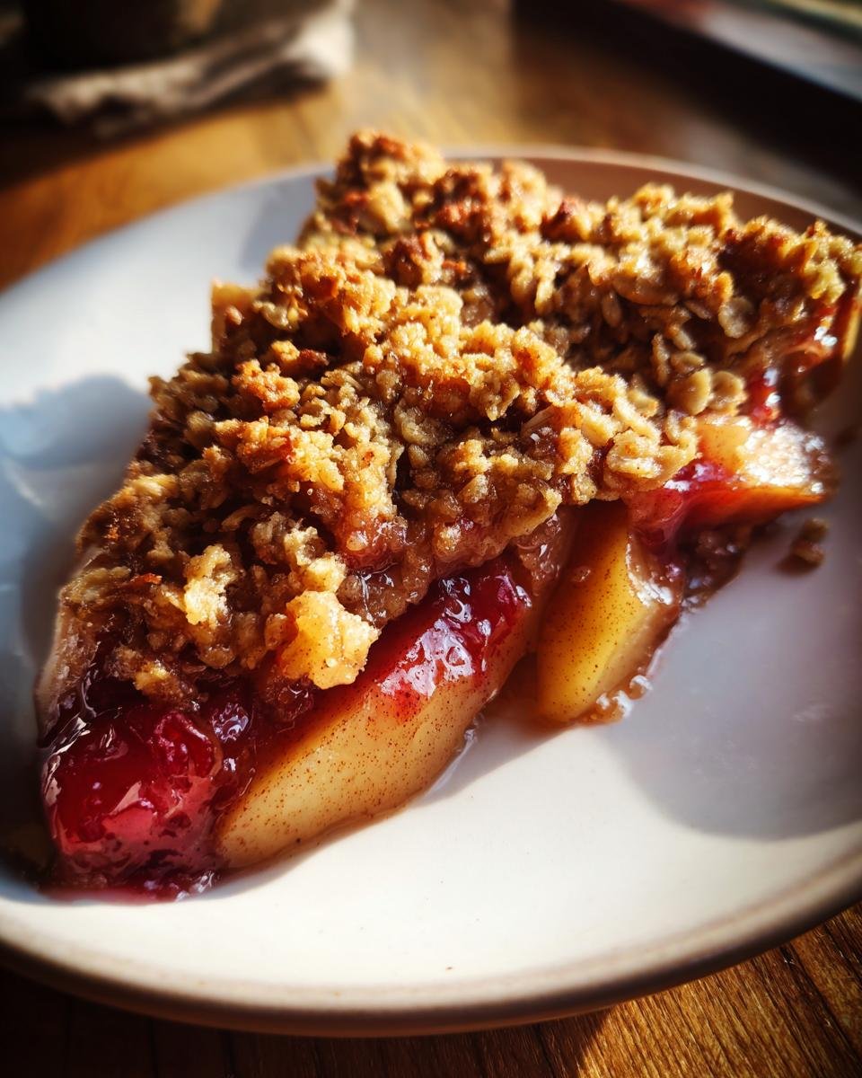 A close-up of a slice of Sheet Pan Maple Roasted Pear Crisp with a thick, golden oat topping and syrupy fruit filling.