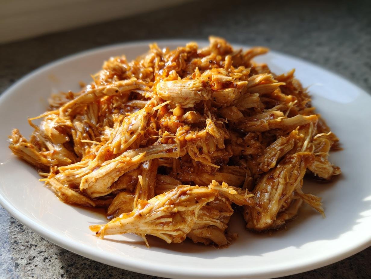 Close-up of shredded Irresistible Slow Cooker Honey Garlic Chicken coated in a glossy sauce on a white plate.