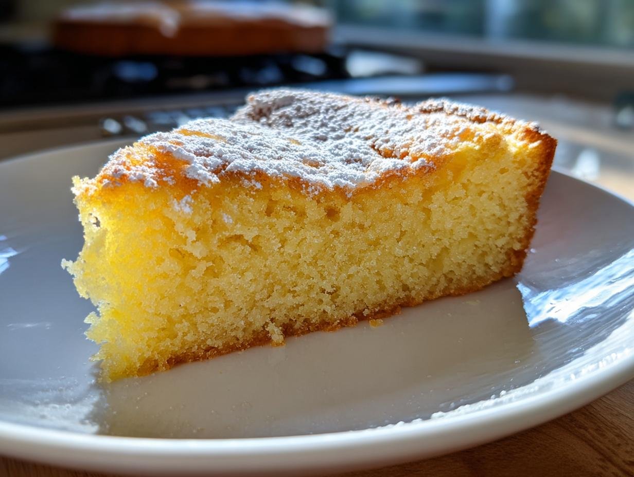 Close-up of a moist slice of Irresistible Almond Ricotta Cake dusted with powdered sugar on a white plate.