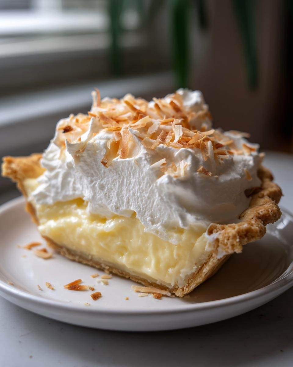 A perfect slice of Irresistible Homemade Coconut Cream Pie Delight with creamy filling and toasted coconut topping.