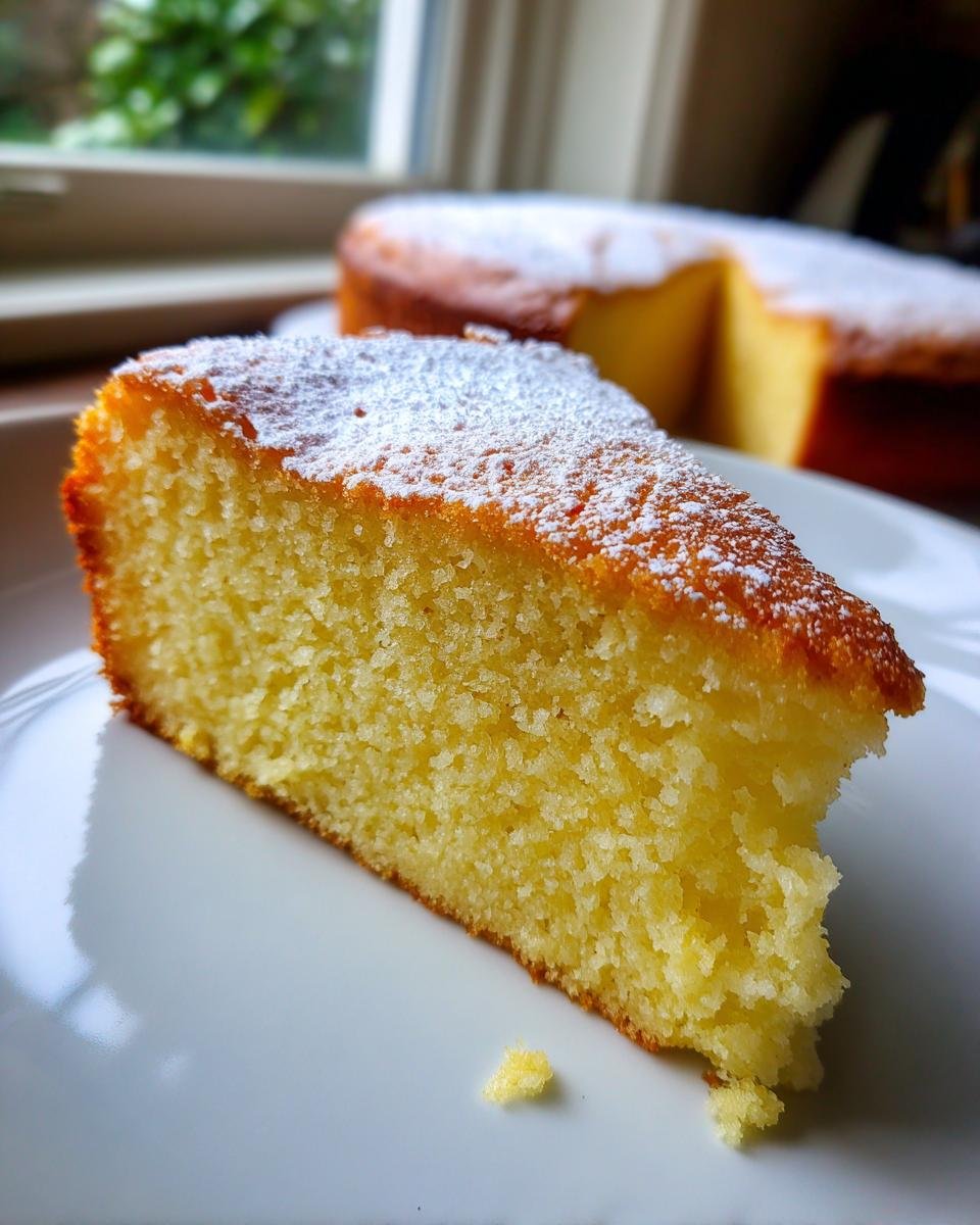 A close-up slice of Irresistible Almond Ricotta Cake dusted with powdered sugar, sitting on a white plate.