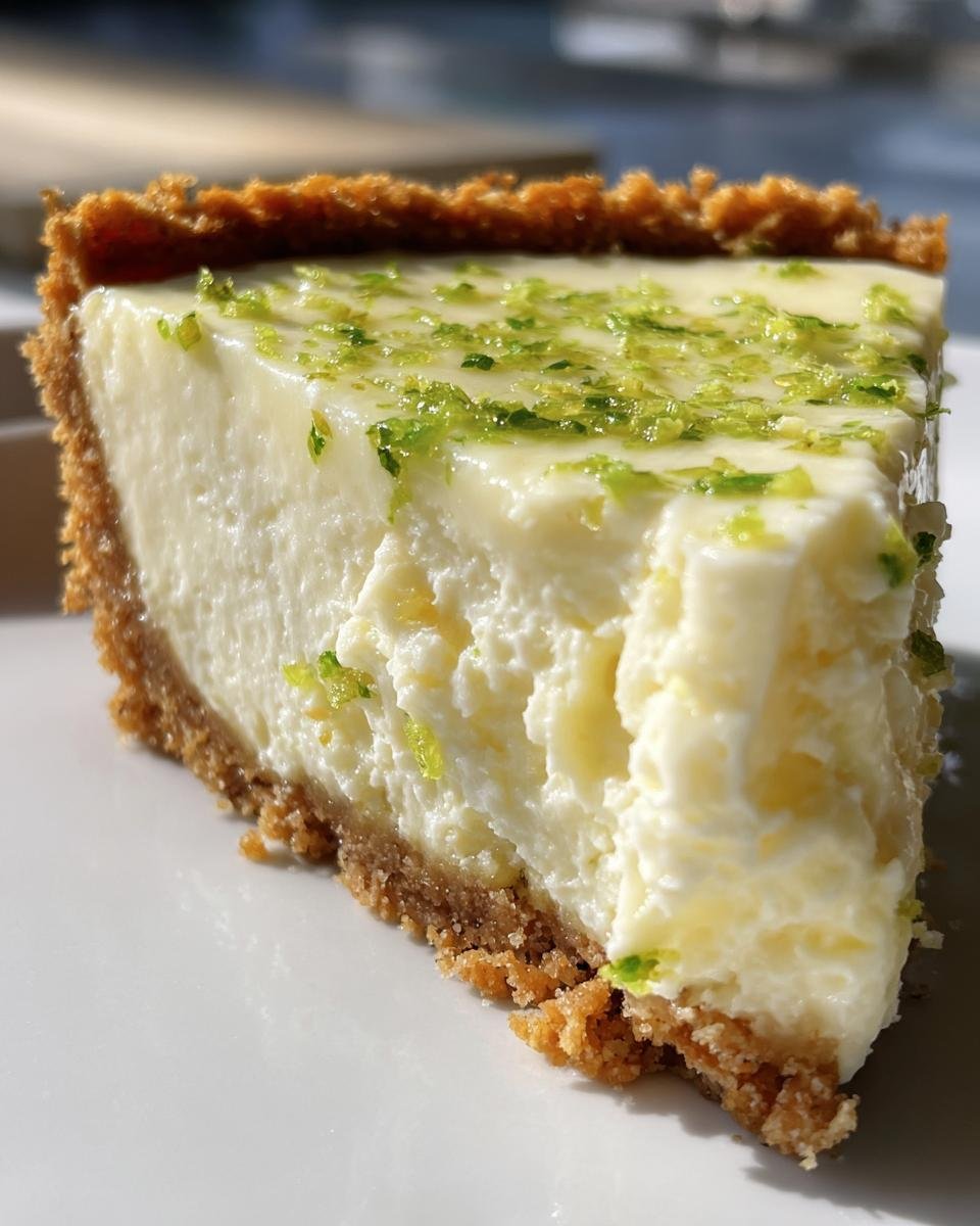 Close-up of a creamy slice of Irresistible Key Lime Pie featuring a graham cracker crust and bright green lime zest.