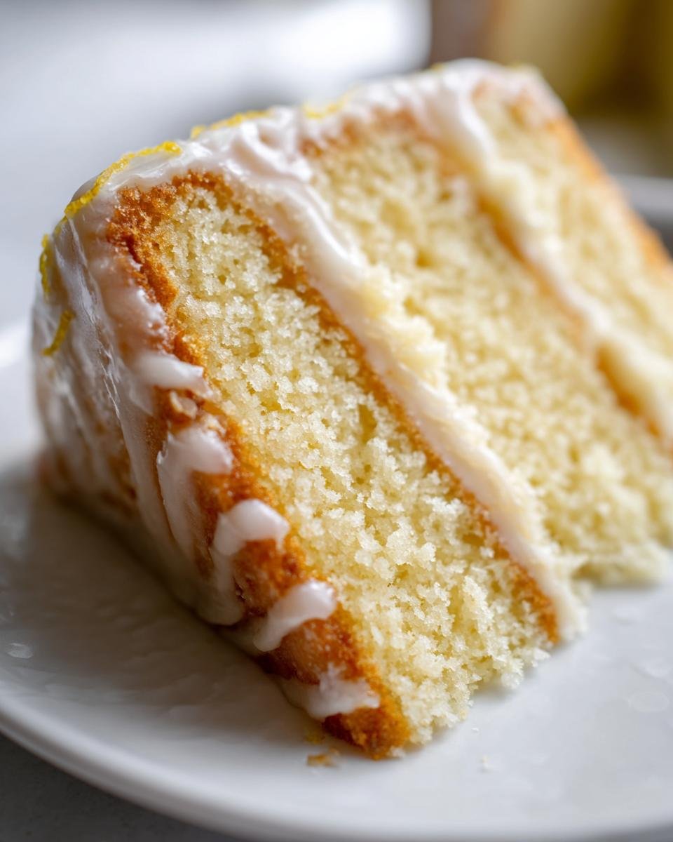Close-up of a moist slice of Irresistible London Fog Cake with white glaze drizzled over the top and between layers.