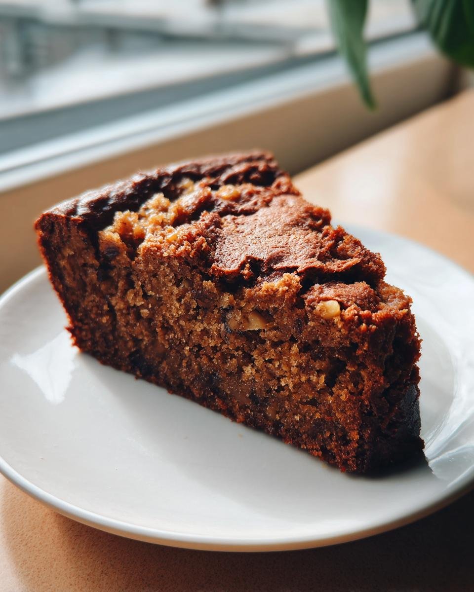 A close-up of a moist slice of Irresistible Cake Mix Banana Bread Recipe on a white plate.