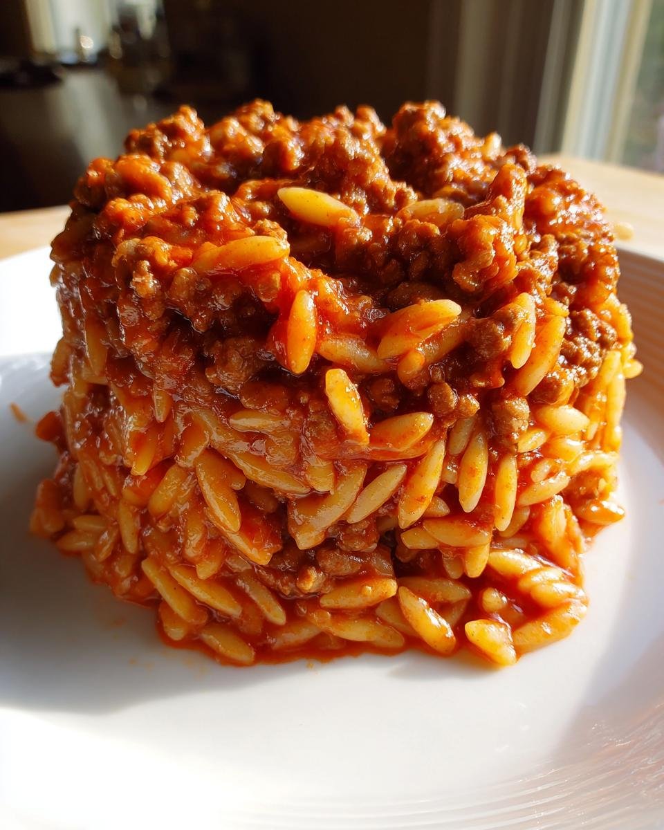 A molded serving of Irresistible Sloppy Joe Style Orzo recipe, featuring rice-shaped pasta mixed with a rich, meaty tomato sauce.