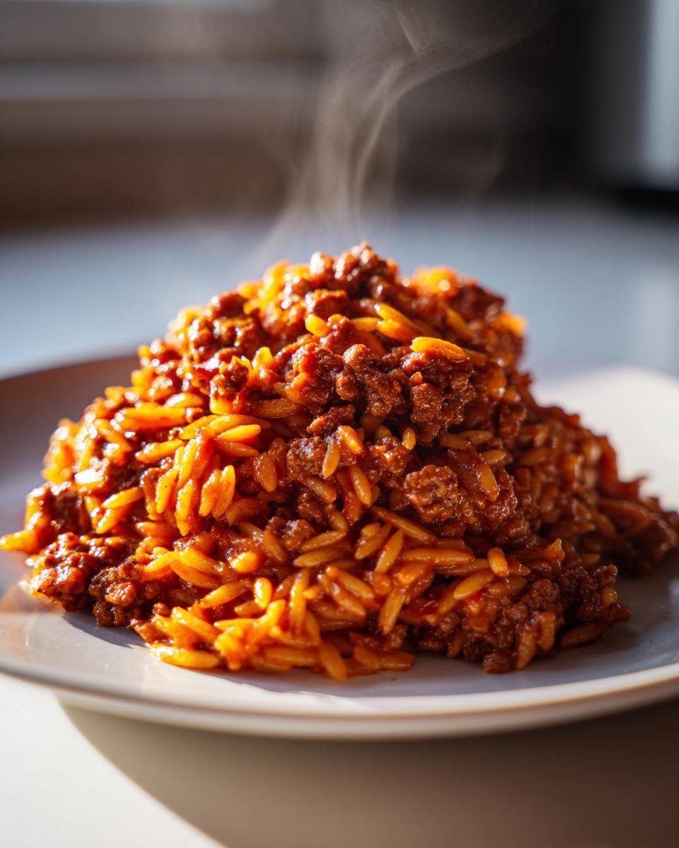 A close-up of a steaming mound of Irresistible Sloppy Joe Style Orzo Recipe on a white plate.