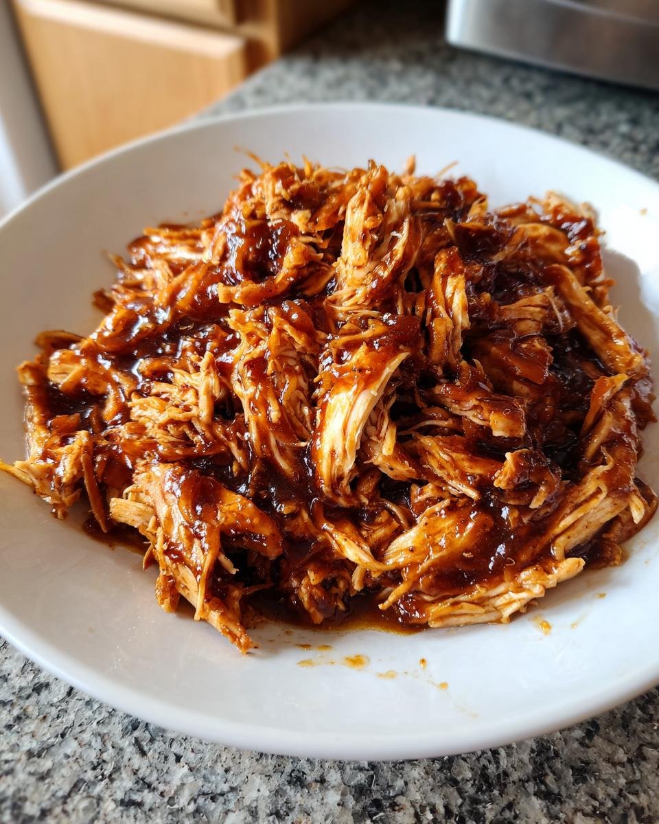 Close-up of shredded chicken coated in a rich, dark honey garlic sauce, ready to serve.