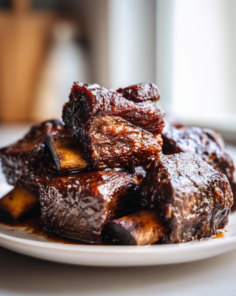 Close-up of tender, glazed Slow Cooker Short Ribs piled high on a white plate.