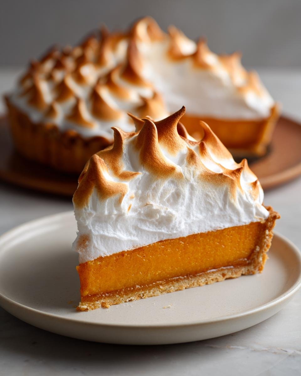 A close-up slice of Irresistible Spiced Chai Pumpkin Meringue Pie showing the orange filling and tall, toasted meringue.