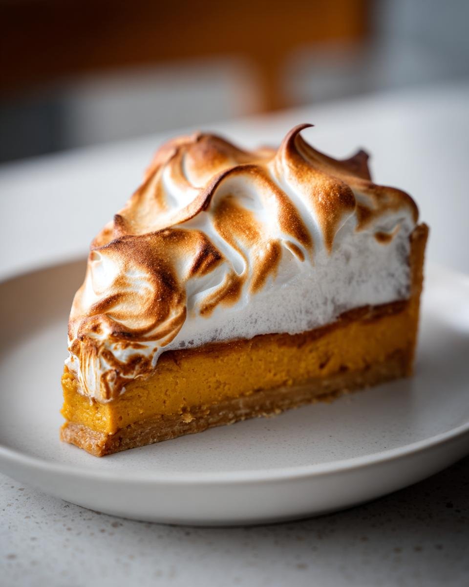 A perfect slice of Irresistible Spiced Chai Pumpkin Meringue Pie with a toasted meringue topping.