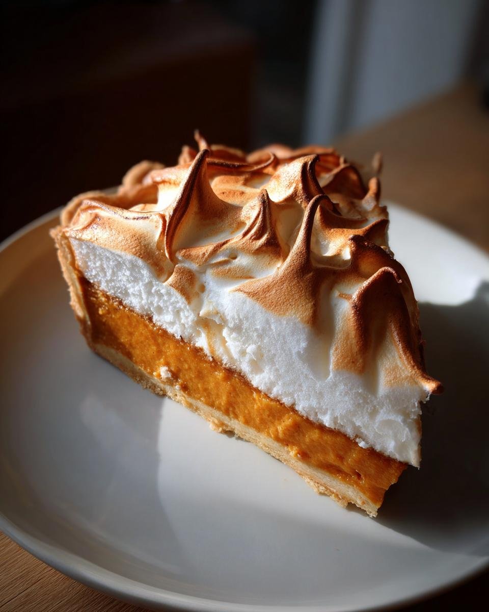 A thick slice of Irresistible Spiced Chai Pumpkin Meringue Pie with a bright orange filling and toasted meringue topping.