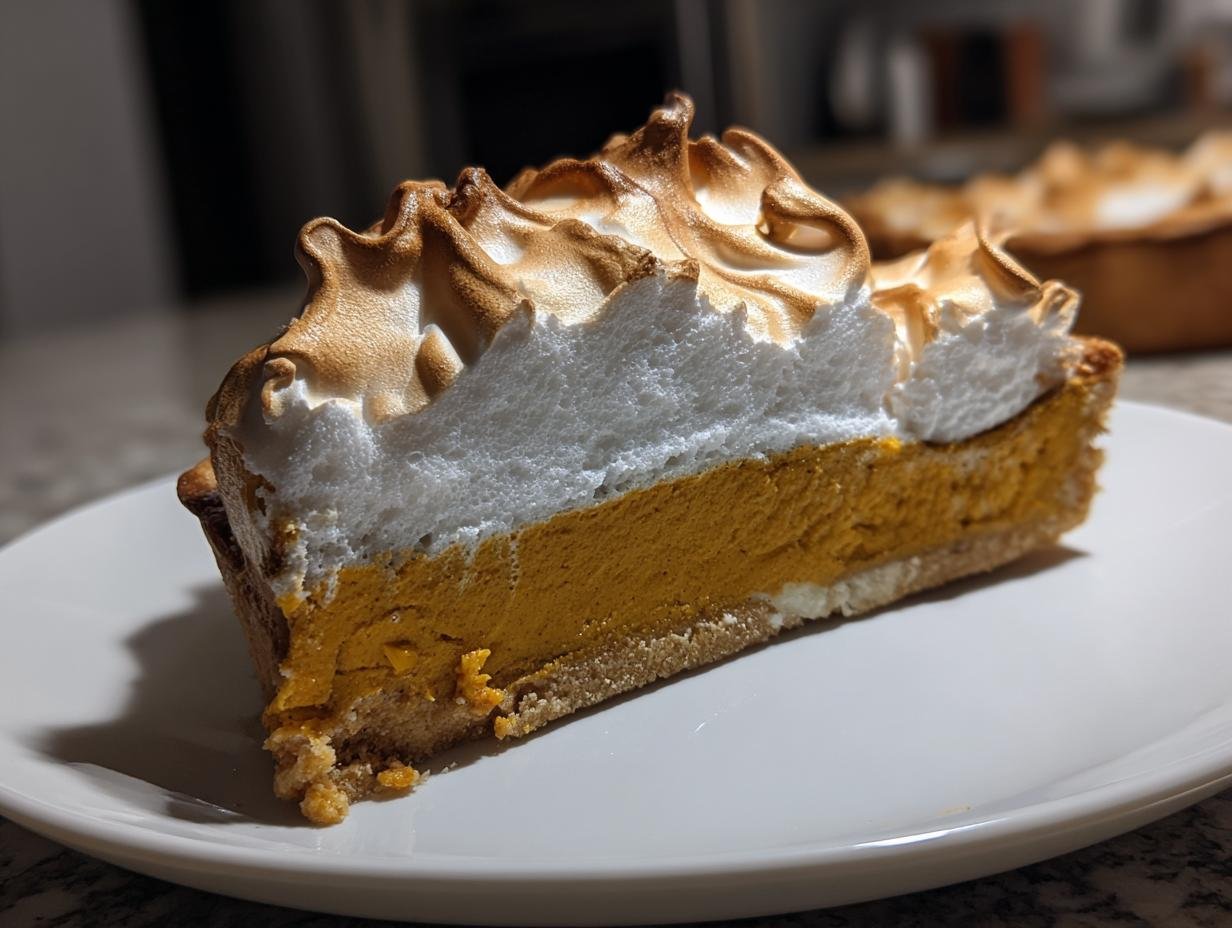 A close-up slice of Irresistible Spiced Chai Pumpkin Meringue Pie showing the orange filling and toasted meringue.