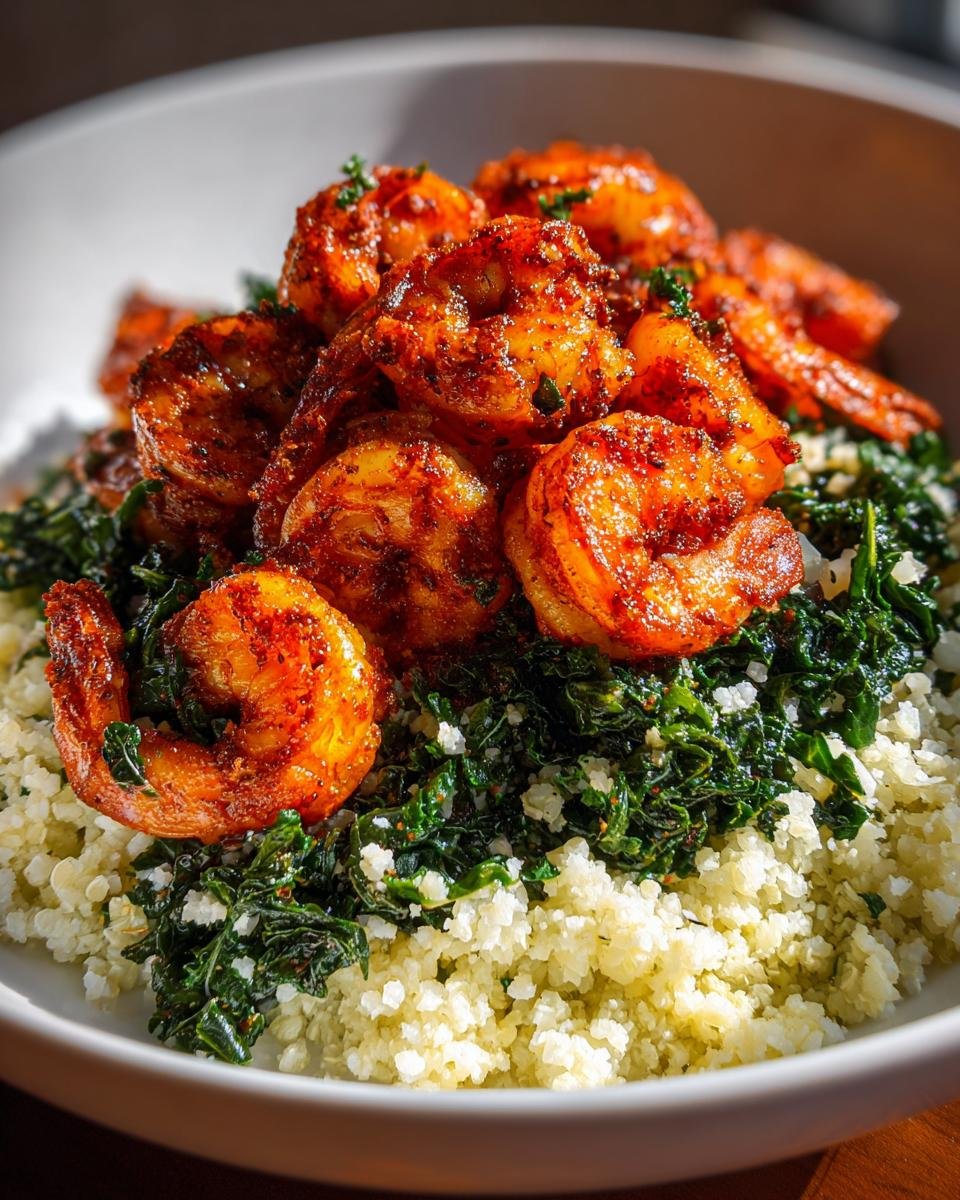 Close-up of Spicy Cajun Shrimp Kale Cauliflower Rice in a white bowl, featuring seasoned shrimp over greens and riced cauliflower.