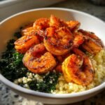 Close-up of a bowl featuring Spicy Cajun Shrimp served over saut&eacute;ed kale and cauliflower rice.